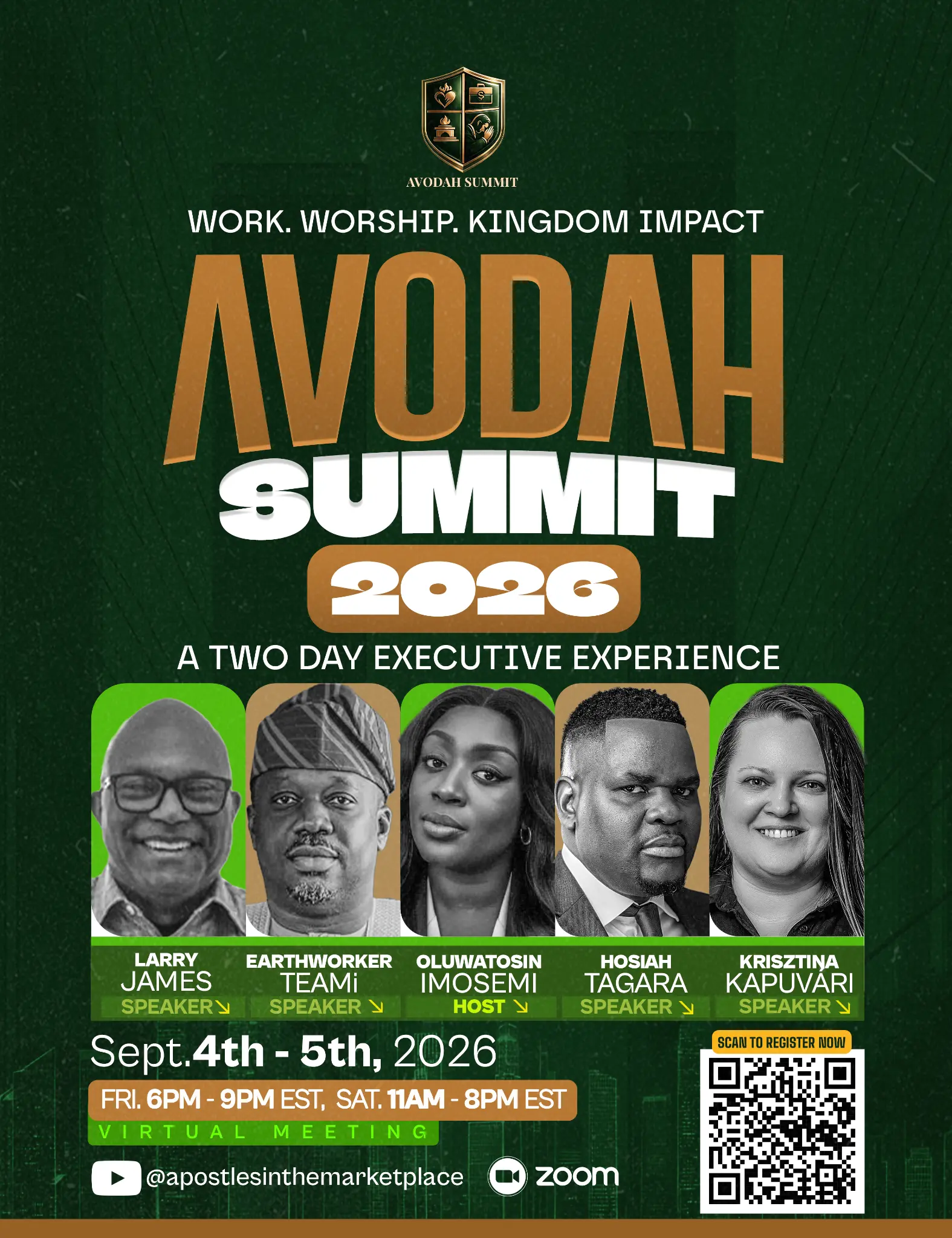 Avodah Summit 2026 general flyer featuring Larry James, Earthworker, Oluwatosin Imosemi, Hosiah Tagara, and Krisztina Kapuvári